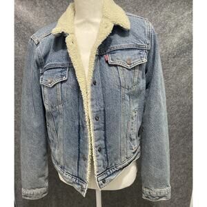 LEVI STRAUSS & CO DENIM JEAN TRUCKER JACKET SIZE L SHERPA LINED Med WASH NWT